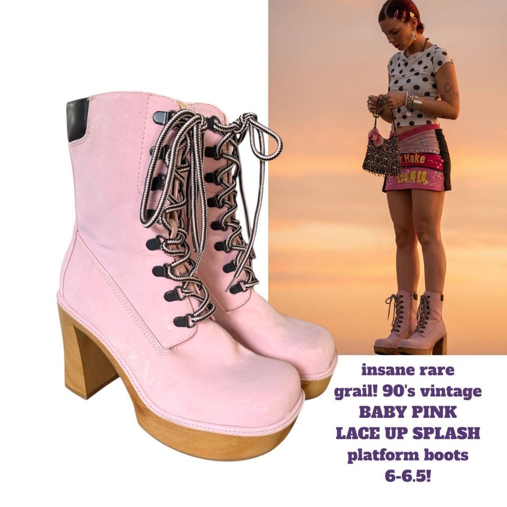 GRAIL RARE BABY PINK 90'S Y2K LACE UP PLATFORM‎ SPLASH BOOTS 6-6.5